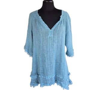 Tina Stephens OS Zariah Crinkle Linen Raw Edge Top Italian Coastal Lagenlook